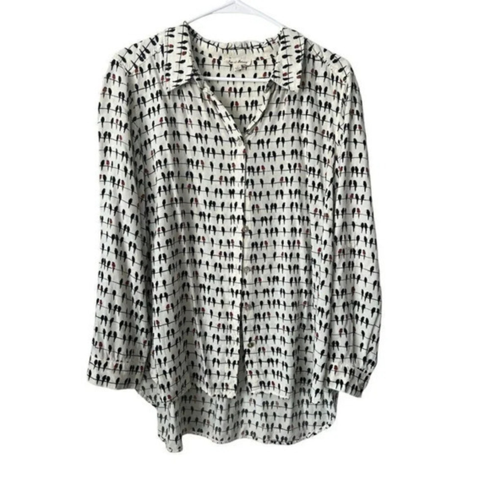 Jane and Delancey White Black & Red Bird Long Sleeve Button‎ Down 1X